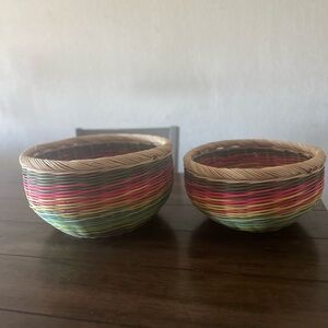 Handwoven Colorful Wicker Baskets – Set of 2 Round Bowls, Boho Home Décor